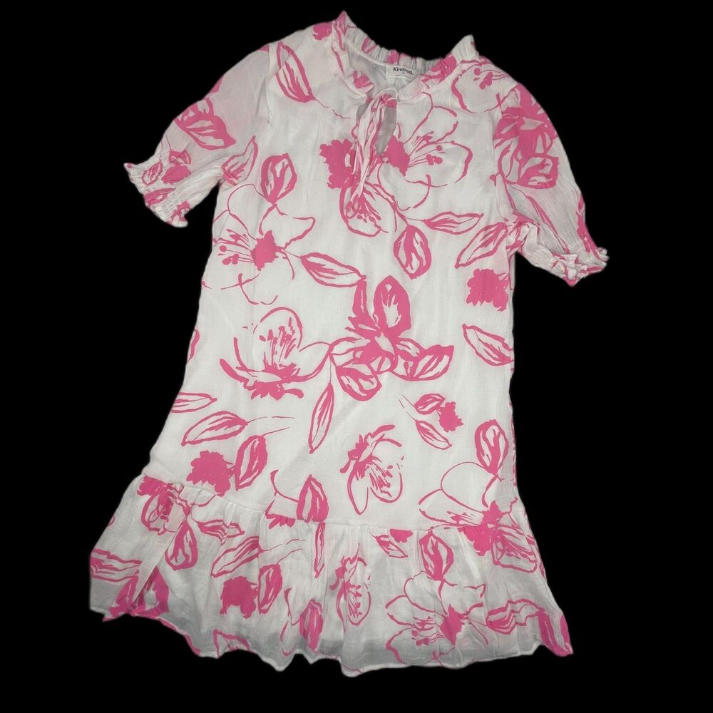 Kindred Anthropologie M Pink White Floral Tie Neck Ruffle Hem Midi Summer Dress‎